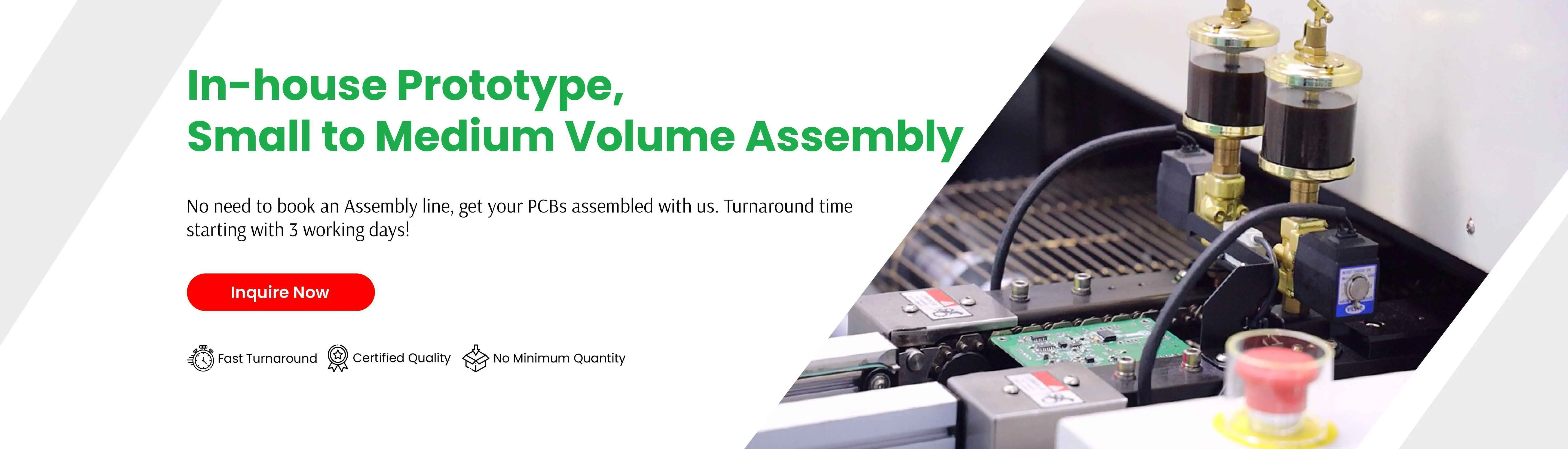 In-house prototype assembly of custom printed circuit boards (PCBs) for small to medium volume, featuring automated equipment and fast turnaround
